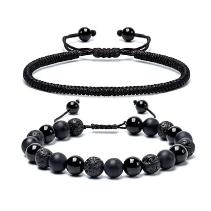 SAMXY Triple Protection Bracelet, 8mm Healing Crystal Bead Bracelet, 3pcs Blue Red Tiger's Eye Obsidian Hematite Bracelet Women Men - color: 2pcs-obsidian