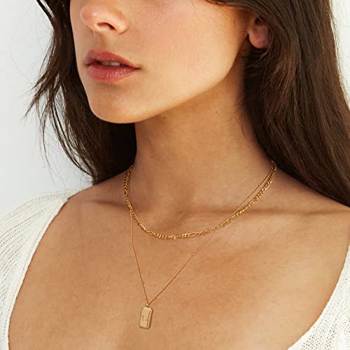Gold Initial Necklace for Women 14K Gold Plated Figaro Chain Choker Layered Necklaces Set Bar Rectangle Pendant Necklaces Simple Dainty Letter Necklace Everyday Gold Jewelry - style: Letter C