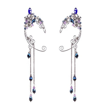 Elf Ear Cuffs, OwMell Handcraft Silver Pointed Fairy Elven Cosplay Fantasy Costume Bridal Wedding Earrings for Non Pierced Ears - style: Bule Tassel