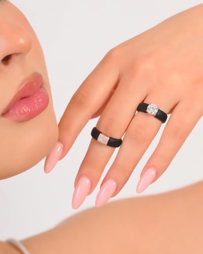 Rinfit Silicone Ring with Stone, Round Cut CZ | AAAAA Grade Cubic Zirconia, Solitaire Engagement Ring for Her, Flexible Rubber Wedding Band for Women, Patented Design - color: Pack O: Black / Rose Gold