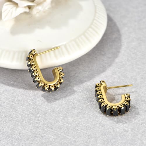Green Crystal huggie gold hoop earrings for women Girls,14K Gold Plated with 925 Sterling Silver Post color Cubic Zirconia dainty cute Earrings| CZ Stud Earring - color: Black stone