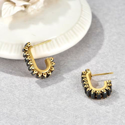 Green Crystal huggie gold hoop earrings for women Girls,14K Gold Plated with 925 Sterling Silver Post color Cubic Zirconia dainty cute Earrings| CZ Stud Earring - color: Black stone