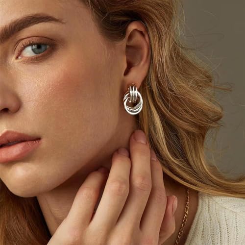 6 Pairs Gold Dangle Earrings for Women, 14K Gold Plated Earrings Geometric Knot Drop Huggie Earrings Trendy Jewelry Gifts - color: A Silver