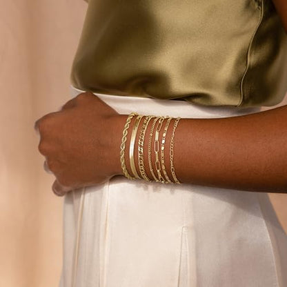 Kyerlyn Gold Bracelets for Women Waterproof, 14K Real Gold Jewelry Sets for Women Trendy Dainty Stackable Cuban Link Paperclip Chain Bracelet Pack Fashion Accessories Gifts - style: G-3