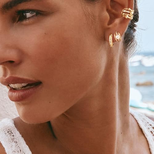 MYEARS Women Ear Cuff Earrings Gold Non Pierced Cartilage Clip on Open Wrap Beaded Hoop 14K Gold Plated Simple Hypoallergenic Everyday Jewelry