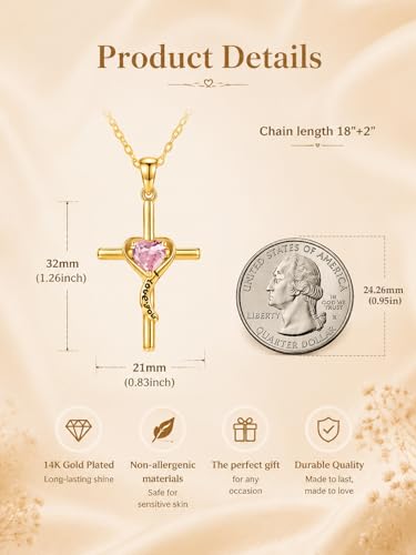 14K Gold Cross Necklace for Women Dainty Birthstone Pendant | Heart I Love You Romantic Jewelry Anniversary Christian Religious Baptism Birthday Gifts with 18"+2" Adjustable Chain - color: 14K Gold-10-Oct Birthstone