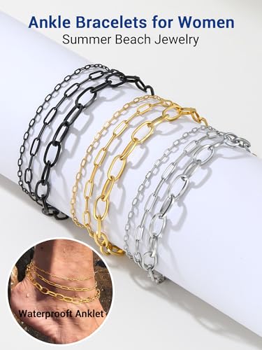 PROSTEEL Ankle Bracelets for Women, Silver/Gold/Black, Waterproof Anklets | Waterproof, Stainless Steel, Summer Beach Jewelry, Durable & No Tarnish, Come with Gift Box, 8-10.5" Adjustable, Plus Size - color: L: black-paperclip chain(3pcs)