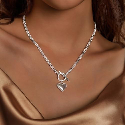 IMBOS 14K Gold Plated Chunky Chain Choker Necklaces for Women Chunky Gold Necklace Tennis Necklace for Women CZ Love Chain Cuban Link Choker Jewelry Gifts - color: Silver-Heart Necklace