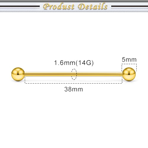 16G 14G Surgical Steel Tongue Rings Nipple Rings Industrial Piercing Jewelry Set Multi Size Straight Barbells 12mm 14mm 16mm 19mm 22mm 28mm 32mm 35mm 38mm 40mm 45mm for Women Men - color: goldtone, size: 14g,bar length 38mm