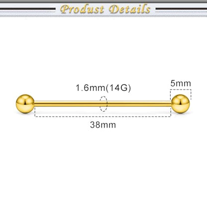 16G 14G Surgical Steel Tongue Rings Nipple Rings Industrial Piercing Jewelry Set Multi Size Straight Barbells 12mm 14mm 16mm 19mm 22mm 28mm 32mm 35mm 38mm 40mm 45mm for Women Men - color: goldtone, size: 14g,bar length 38mm