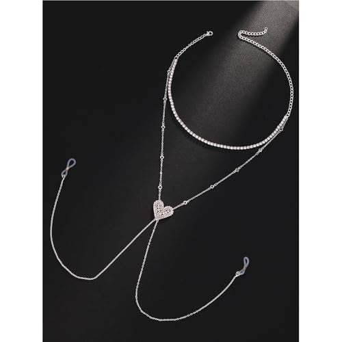 Rhinestone Necklace Sexy Non Piercing Nipple Jewelry Summer Beach Heart-ShapedChest Body Chain Crystal Nipple Body Accessories Jewelry for Women - color: Silver