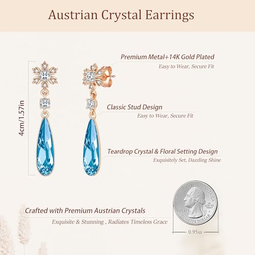 Austrian Crystal Teardrop Earrings Flower Dangle Earrings for Women 14K Gold Plated Drop Stud Earrings Hypoallergenic Jewelry - color: Aquamarine