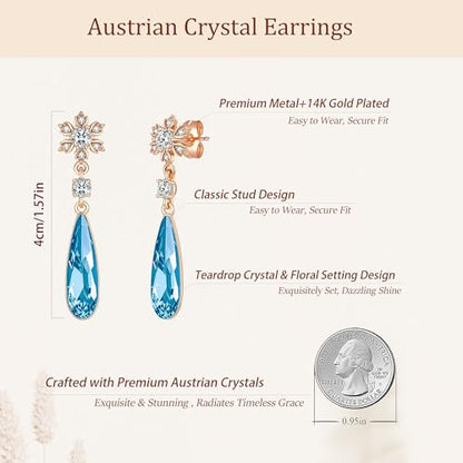 Austrian Crystal Teardrop Earrings Flower Dangle Earrings for Women 14K Gold Plated Drop Stud Earrings Hypoallergenic Jewelry - color: Aquamarine