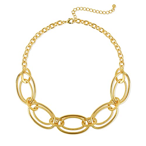 Gold Chunky Necklace for Women: Double Oval Link Statement Choker Necklace | 14k Gold Plated Loop Chain Trendy Fashion Jewelry for Daily Holiday Party - color: Gold