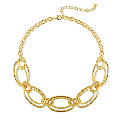 Gold Chunky Necklace for Women: Double Oval Link Statement Choker Necklace | 14k Gold Plated Loop Chain Trendy Fashion Jewelry for Daily Holiday Party - color: Gold