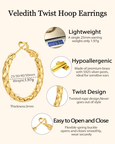3MM Thin Sterling Silver Hoop Earrings for Women Hypoallergenic | Lightweight Small Silver Hoop Earrings Thin Twisted Hoop Earrings for Sensitive Ears - color: Gold-25MM