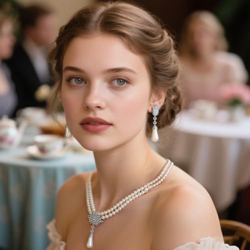 Pearl Necklace and Earring Set for Women,Pearl Jewelry Set Fake Pearls Necklace Imitation Beaded Collar de Perlas Para Mujer Necklaces for Prom Bridesmaid Costume Accessories - color: Layered
