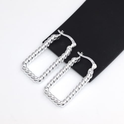 LeCalla Sterling Silver Hoop Earrings for Women | Lightweight Silver Chunky Hoop Earrings | Handmade Electroform Hollow Italian Design Click-Top Earrings Hoop - color: Twist Classic Rectangle
