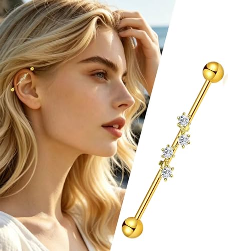 TIANCI FBYJS 7-16pcs 14G Stainless Steel Industrial Piercing Barbell Earring Cartilage Body Jewelry 38mm 1&1/2 Inch Industrial Piercing Bar for Women Men Snake Chain Dangle - color: gold silver