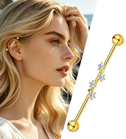 TIANCI FBYJS 7-16pcs 14G Stainless Steel Industrial Piercing Barbell Earring Cartilage Body Jewelry 38mm 1&1/2 Inch Industrial Piercing Bar for Women Men Snake Chain Dangle - color: gold silver