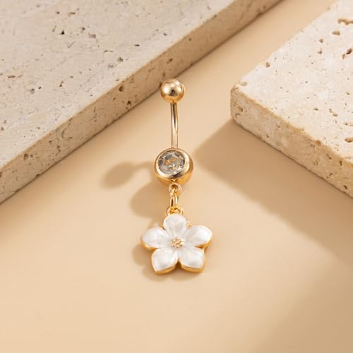 Flower Belly Button Ring for Women 14K Gold Plated Cubic Zirconia Navel Piercing Jewelry Stainless Steel CZ Crystal Charm Belly Ring Hypoallergenic Belly Bar for Women - color: White