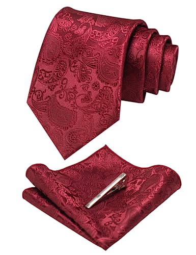 JEMYGINS Mens Solid Color Paisley Necktie and Pocket Square with Tie Clip Sets - color: Burgundy2
