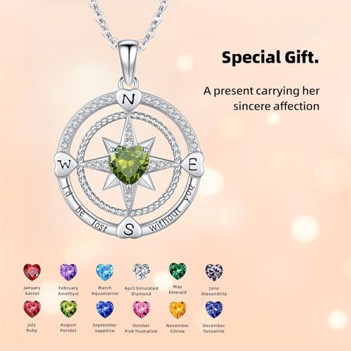 Compass Birthstone Necklace for Women S925 Sterling Silver with Cubic Zirconia - Birthday Jewelry gift for her, Girlfriend, Wife, Mom on Birthday, Anniversary - color: 08 - Peridot