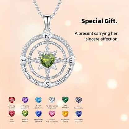 Compass Birthstone Necklace for Women S925 Sterling Silver with Cubic Zirconia - Birthday Jewelry gift for her, Girlfriend, Wife, Mom on Birthday, Anniversary - color: 08 - Peridot