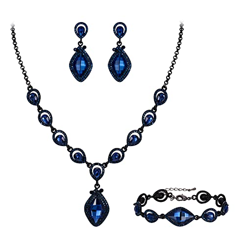 EVER FAITH Bridal Wedding Crystal Marquise Teardrop Pendant Necklace Earrings Bracelet Set for Prom - color: Blue Black-Tone