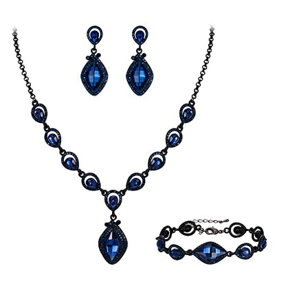 EVER FAITH Bridal Wedding Crystal Marquise Teardrop Pendant Necklace Earrings Bracelet Set for Prom - color: Blue Black-Tone