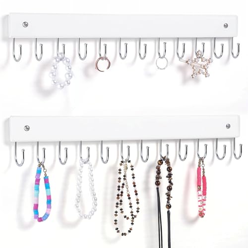 2 Pack Wall Necklace Organizer, Wooden Jewelry Holder, White, 24 Hooks | Real Wood; 24 Rotating Hooks; Wall Mount With Screws; Keeps Necklaces, Bracelets, Earrings, And Keys Organized - color: White