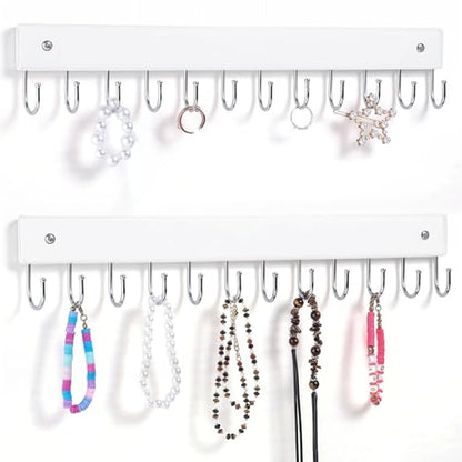 2 Pack Wall Necklace Organizer, Wooden Jewelry Holder, White, 24 Hooks | Real Wood; 24 Rotating Hooks; Wall Mount With Screws; Keeps Necklaces, Bracelets, Earrings, And Keys Organized - color: White