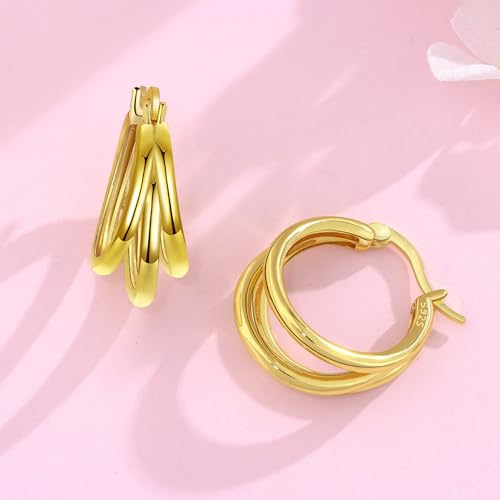 Sterling Silver 18K Gold Plated Women's Earrings Hypoallergenic Hoops, Dainty Trendy Jewelry Gift - color: Golden | Gold Triple Hoop Earrings