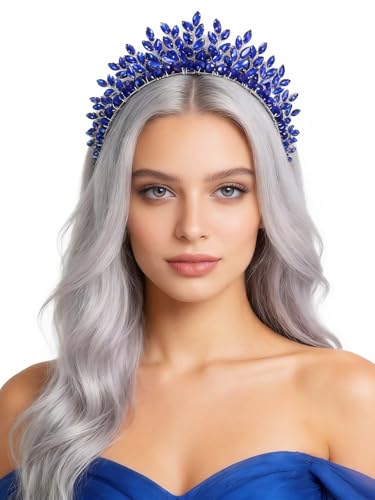 Bridal Rhinestone Headband Wedding Hair Accessories for Women, Pearl Crystal Headband Wedding Costume Headpieces for Brides Princess Quinceanera Christmas Party Prom Birthday(Blue) - color: Blue