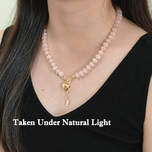 Boho Gemstone Beaded Necklace for Women – Colorful Natural Stone Choker 18K Solid Heart-Shaped Pendant, Summer Beach Jewelry - color: Rose Quartz