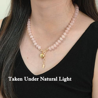Boho Gemstone Beaded Necklace for Women – Colorful Natural Stone Choker 18K Solid Heart-Shaped Pendant, Summer Beach Jewelry - color: Rose Quartz