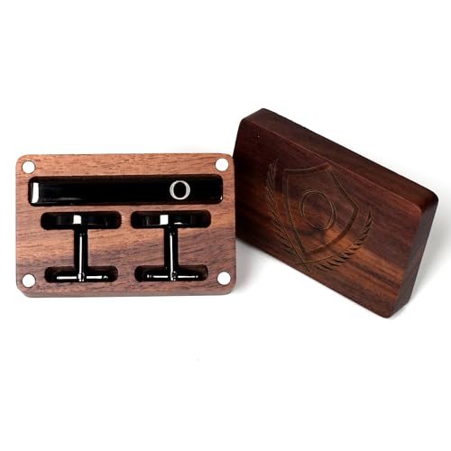 Mens Initial Cufflinks and Tie Clip A-Z Alphabet Letter Black Stainless Cuff Links Tie Bar with Engraved Walnut Wood Box Groom Groomsman Wedding Set - style: Classic-O