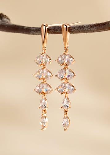 Dangle Earrings for Women - 14K Gold/White Gold/Rose Gold Plated Butterfly Heart Star Hoop Chain Long Tassel Cubic Zirconia CZ Dangle Earrings - color: rose gold Leaf Dangle