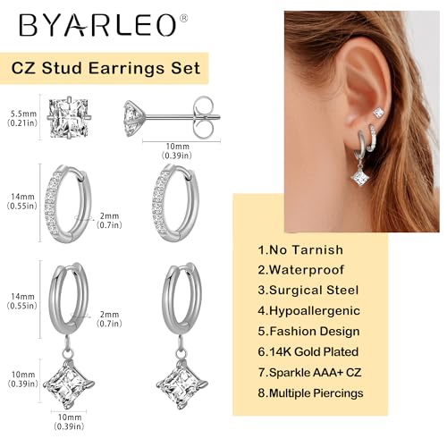 Surgical Steel Small Stud Clover Drop Dangle Huggie Hoop CZ Stud Earrings - color: F-Steel-Colored-S