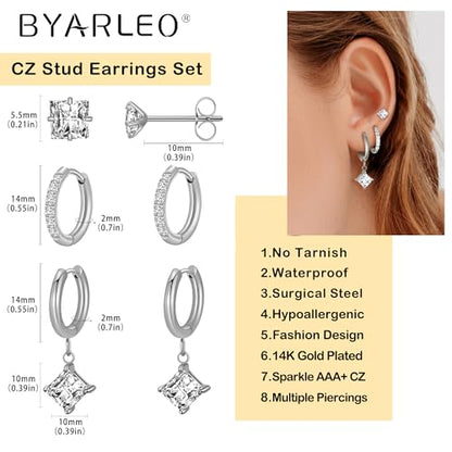 Surgical Steel Small Stud Clover Drop Dangle Huggie Hoop CZ Stud Earrings - color: F-Steel-Colored-S