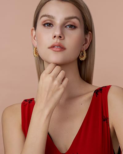 18K Gold Plated Chunky Curve Twisted Open Hoop Statement Stud Earrings with CZ for Women by SNGIA, Large Handmade Spiral Texture Braided Formal Trendy Hoop Jewelry Gifts, Big Circle Geometric Shell Beachy Vacation Fashion Hanging Earrings Accessories, Vin