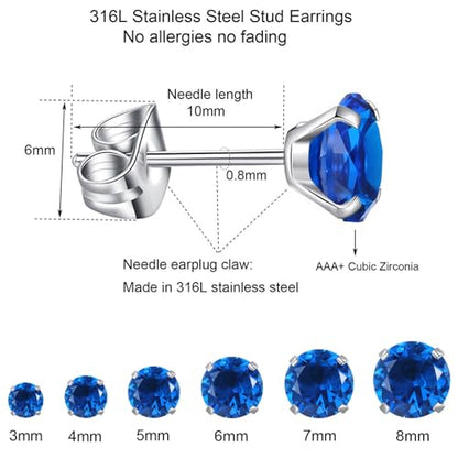 6 Pairs Stud Earrings Set, Hypoallergenic Cubic Zirconia Earrings 316L Stainless Steel CZ Earrings 3-8mm - color: A-Royal blue CZ