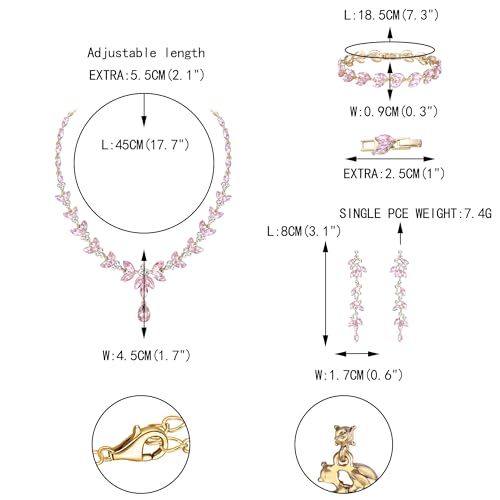 EVER FAITH Marquise Crystal Leaf Bridal Prom Jewelry Set for Women Bride | Rhinestone Wedding Party Necklace Dangle Earrings Tennis Bracelet, for Bridesmaid - color: Pink