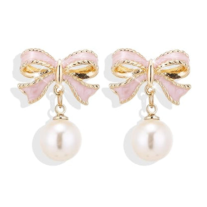 Pearl Bow Earrings for Women Coquette Aesthetic Jewelry Rhinestone Bow Earrings for Bridesmaids Wedding Party Accessories Bridal Costume Accents Bowknot Themed Gifts - color: B1: Pink Bow Pearl Earrings
