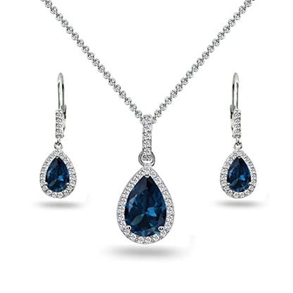 Jewelry Sets for Women, Necklace and Earring Sets for Women, Birthstone Jewelry, Genuine or Synthetic Gemstones, Teardrop Necklace and Dangle Earrings, Pendant Necklace, Sterling Silver Jewelry - color: Simulated London Blue Topaz