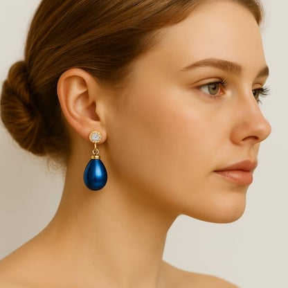 Pearl Clip on Earrings for Women - 14K Gold Silver Plated Cubic Zirconia Non Pierced Ear Clips Jewelry Gifts for Wedding Bridal Party Gifts - color: Dark Blue-10mm