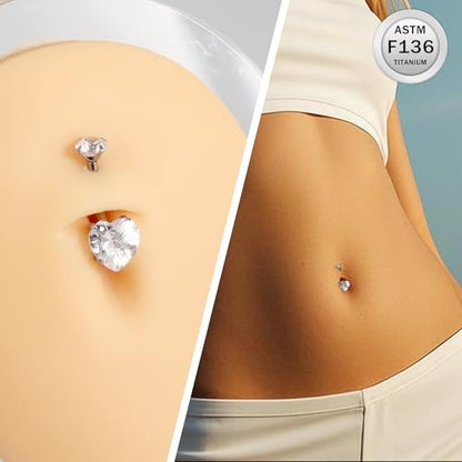 ASTM F136 Titanium Belly Button Rings 14G CZ Heart Belly Navel Rings 10mm Bar Body Piercing Jewelry Navel Ring With 1PCS Curved Piercing Taper - color: Clear CZ