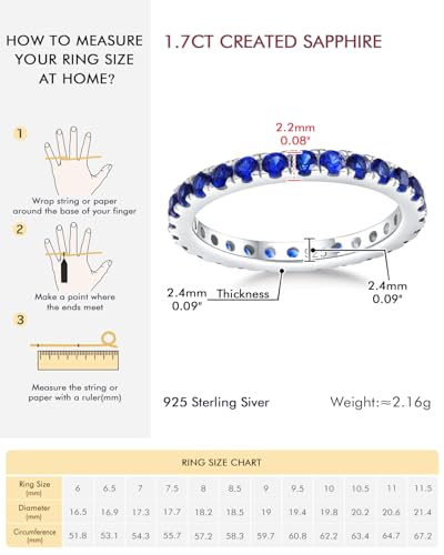 DAYBYDAY Sapphire/Emerald/Ruby Full Eternity Band Rings for Women, 2.4mm Thin Birthstone Stackable Rings, 925 Sterling Silver/14K Gold Plated Gemstone Wedding Band Anniversary Ring Size 6 to 10 - color: 09. Blue Sapphire, September