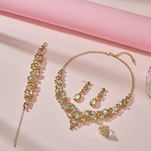 Paxuan Crystal Bridal Wedding Jewelry Sets for Women Rhinestone Teardrop Crystal Statement Choker Necklace Drop Earrings Link Bracelets Rings Teardrop Jewelry Set for Brides Bridesmaids - color: Champagne