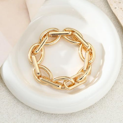 Chunky Gold Bracelet for Women Non Tarnish, Trendy Stretch Cuban Link Chain Plated Gold Bangle Bracelets - color: O-F-Gold